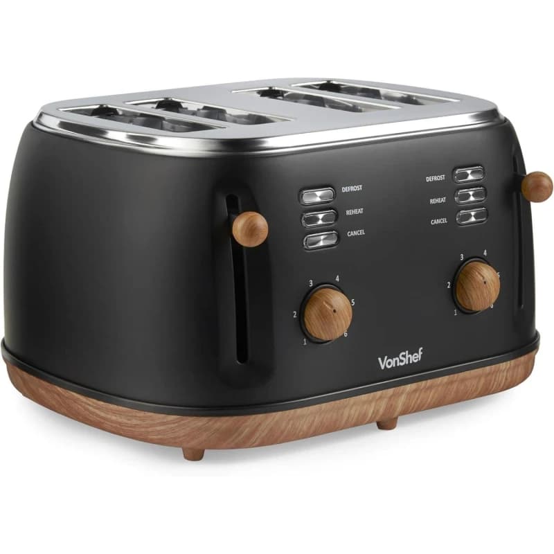 VonShef Black Nordic Matte Design 4 Slice Toaster Black