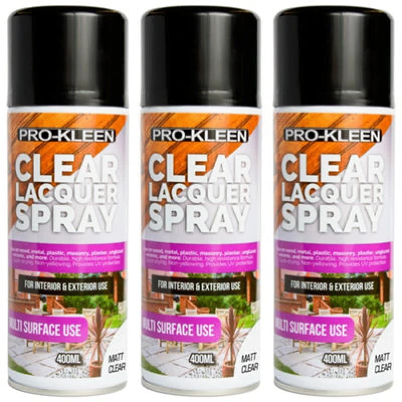 ProKleen Clear Lacquer Spray Protects & Seals Multi Surface Use Matt 3 x 400ml Clear