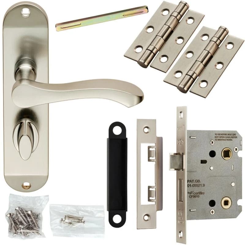 Loops Door Handle & Bathroom Lock Pack Satin Chrome Scroll Lever Thumb Turn Backplate Multi