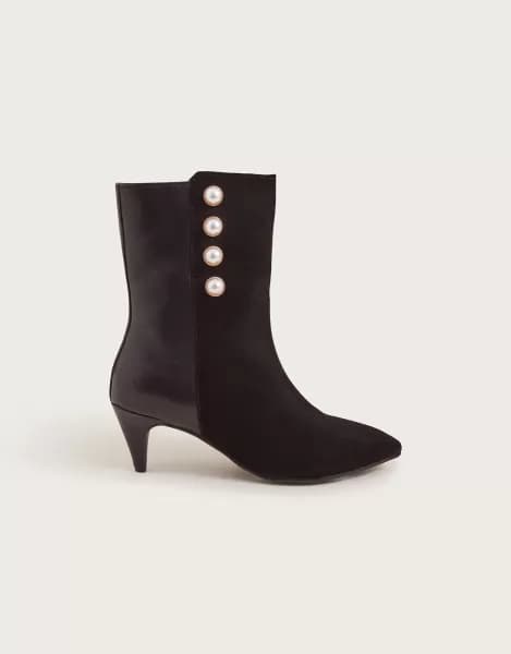 Pearl Button Leather Ankle Boots