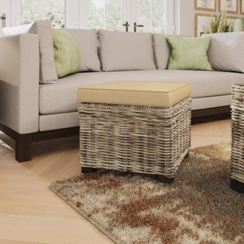 FWStyle Solid Pine Rattan Padded Storage Ottoman Stool Brown
