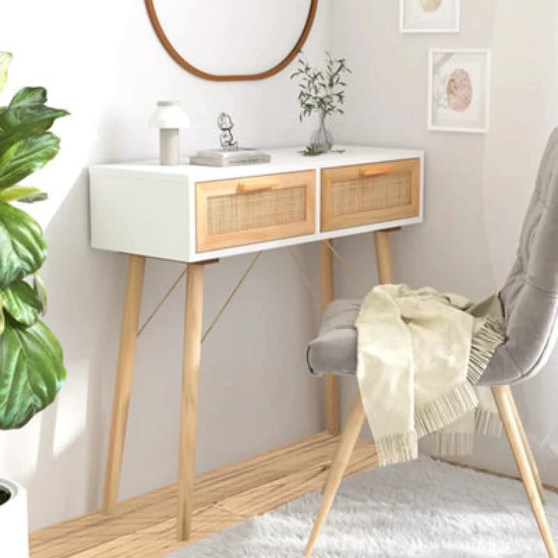 Vidaxl Console Table White 80X30X75cm Solid Wood Pine&natural Rattan