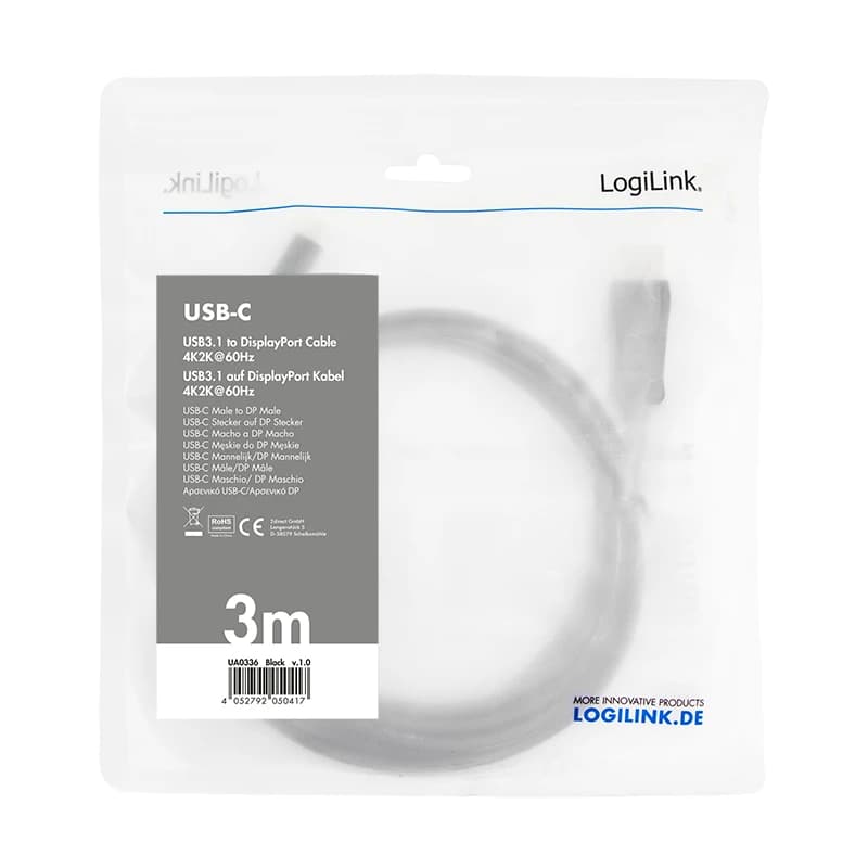 LogiLink UA0336 video cable adapter 3m USB Type-C DisplayPort Black