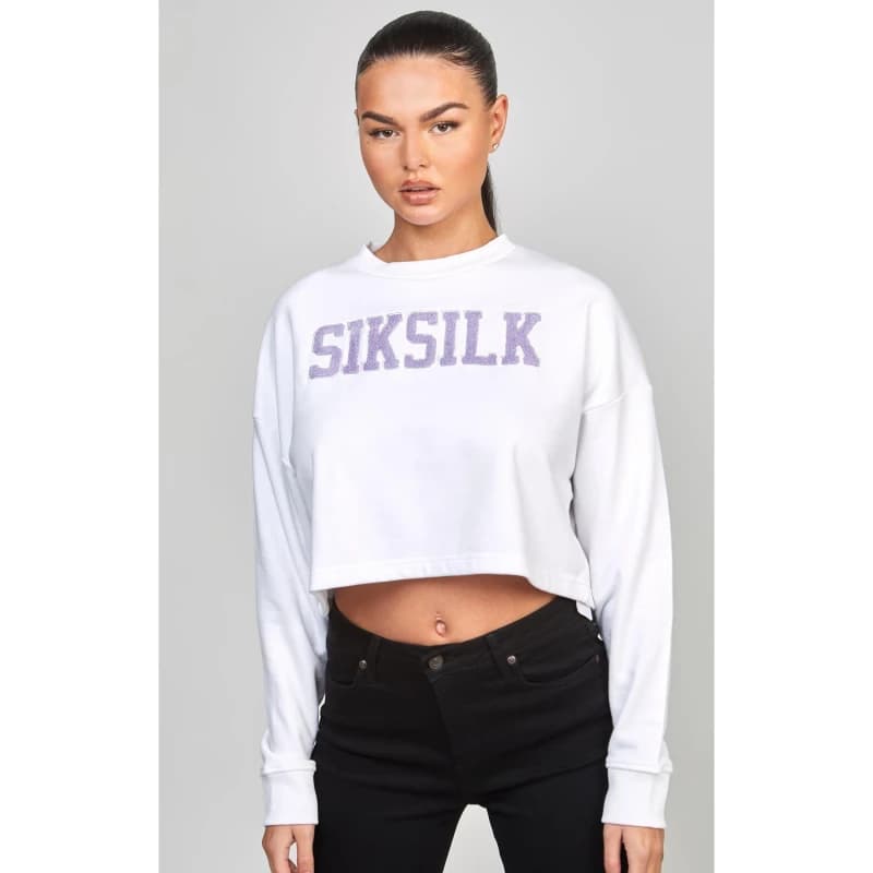 SikSilk Cropped Varsity Sweatshirt - White White 8