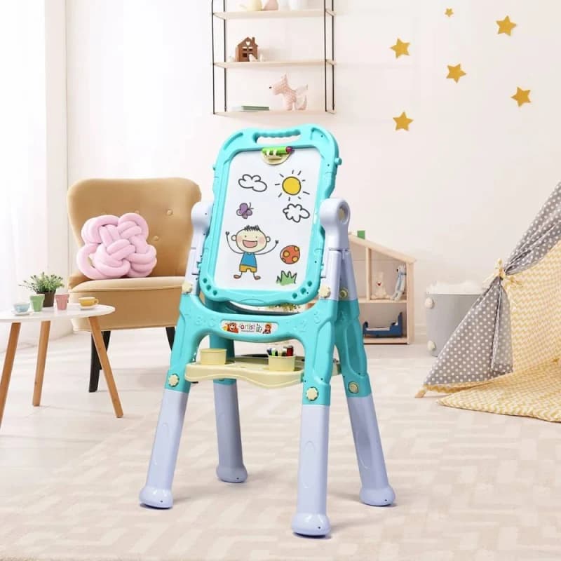 COSTWAY Double Sided Easel Height Adjustable Standing Drawing Board with Storage Green
