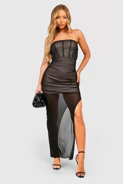 Rouched Mesh Corset Maxi Dress