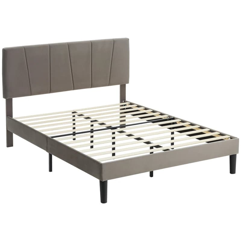 HOMCOM Bed Frame with 5-Level Adjustable Headboard Wooden Slats Grey