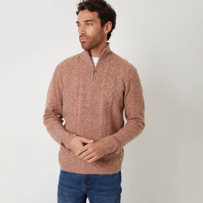 Threadbare 'Rudheath' Cable Knit Detail Quarter Zip Jumper Brown