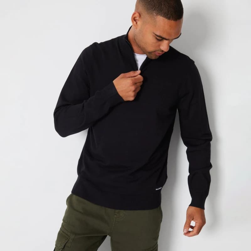 Threadbare Funnel Neck Quarter Zip Knitted Jumper - Black M