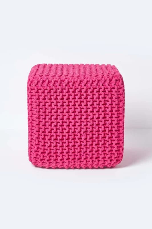 Homescapes Cube Cotton Knitted Pouffe Footstool Pink