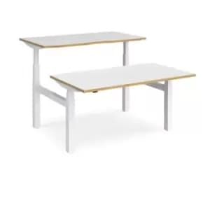 Height Adjustable Desk Back To Back Rectangular Desks 1400mm White/Oak Tops With White Frames Elev8 Touch