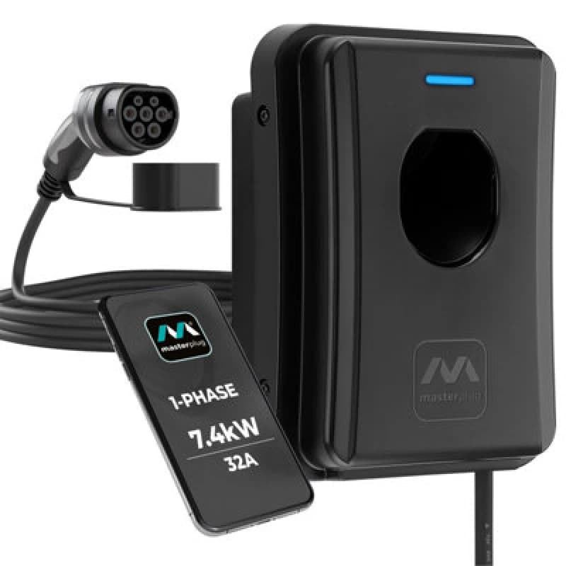 Masterplug Tethered 5M Type 2 Smart Ev Wall Charger Mode 3 Black 7.4Kw