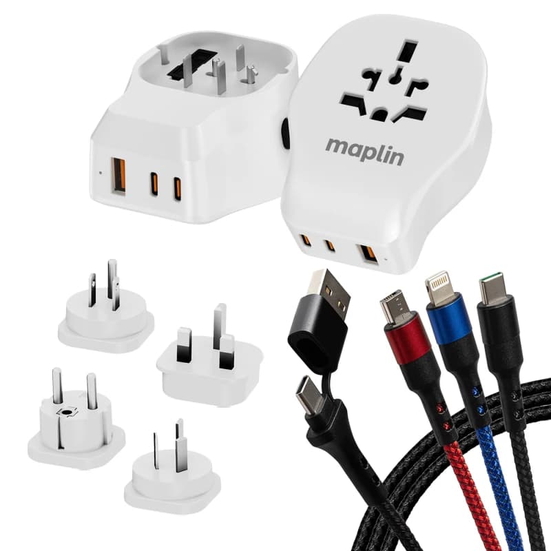 Maplin Worldwide Travel Adapter + USB-A-USB-C/Lightning/Micro USB 3-in
