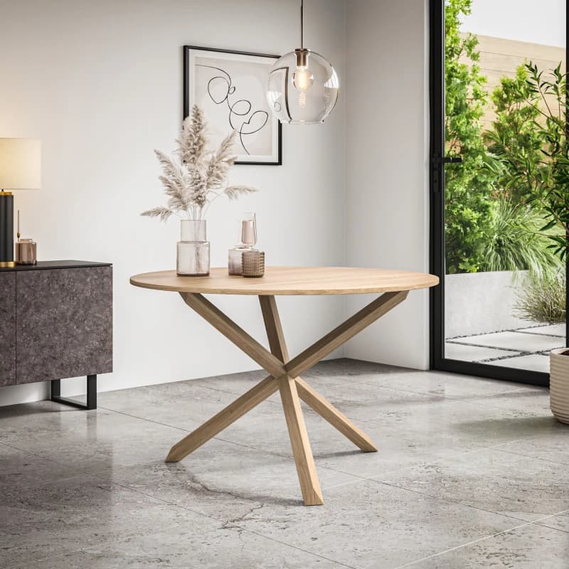 More4Homes Malvern Round Dining Table Oak Effect Table Top W Solid Oak Legs