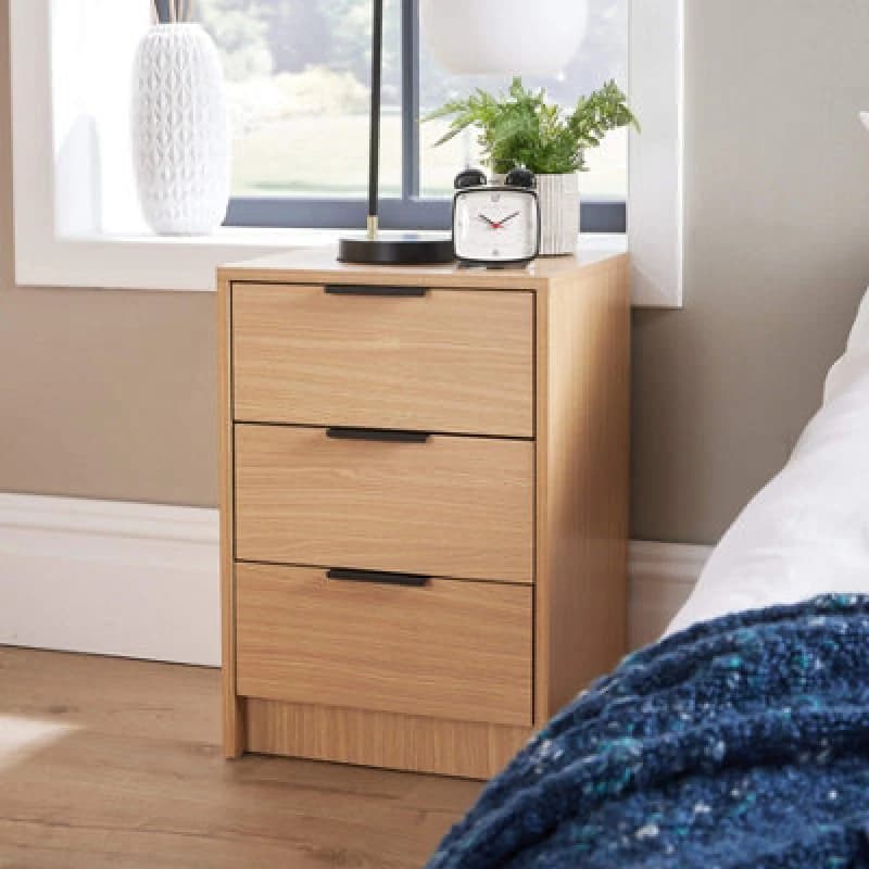 Home Source Phoenix 3 Drawer Bedside Table Storage Unit Light Oak