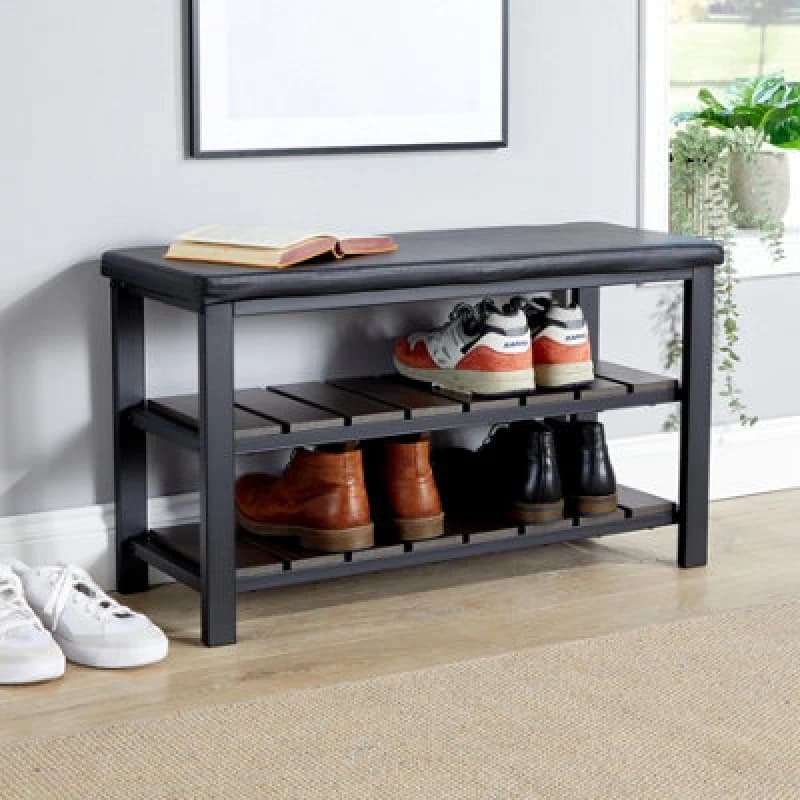 Home Source Metal Shoe Bench with Two Storage Shelves Black