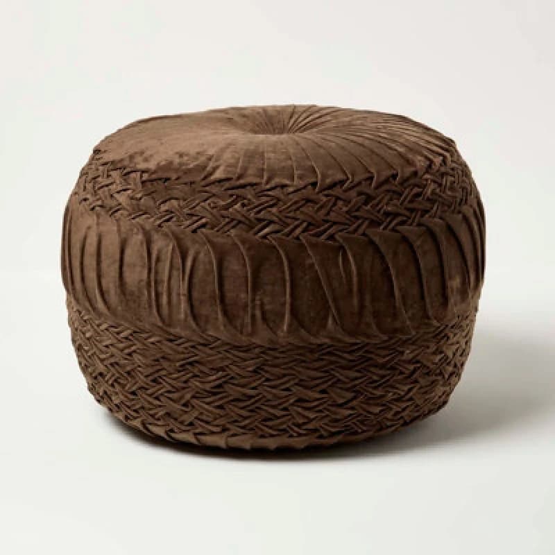 Homescapes Sofia Pleated Velvet Pouffe Brown