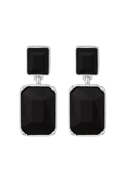 Silver Black Emerald Cut Double Drop Earrings