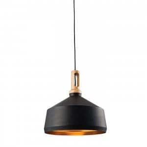 1 Light Dome Ceiling Pendant Matt Black, Light Effect Wood, E27
