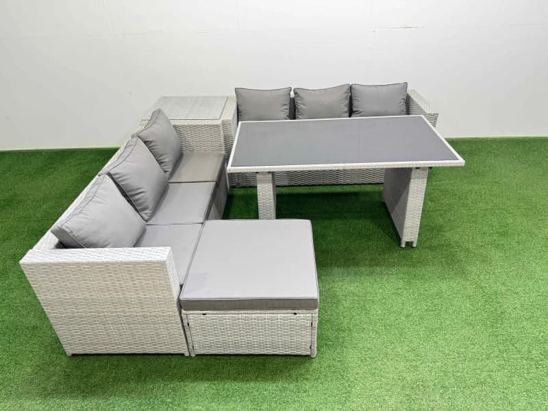 Fimous 7-seater Patio Rectangular Table Sofa Set with Side Table Big Stool in Light Grey Light Grey Unisex