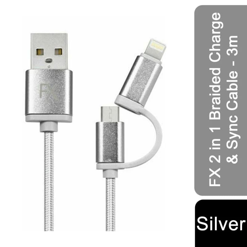 Fx 2 In 1 Braided Charge & Sync Cable - 3M : Silver