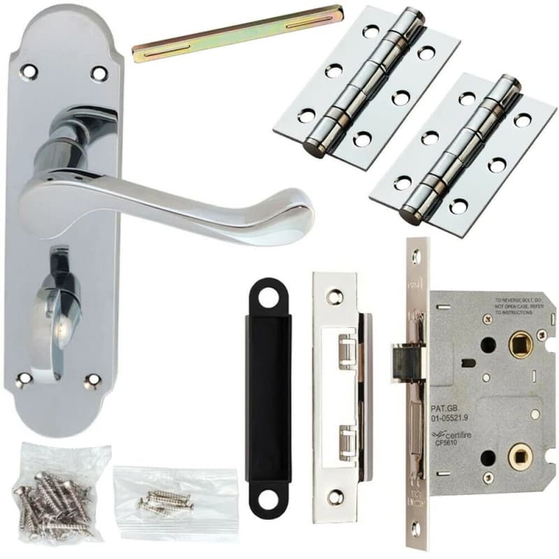 Loops Door Handle & Bathroom Lock Pack Chrome Upturned Scroll Thumb Turn Backplate Multi