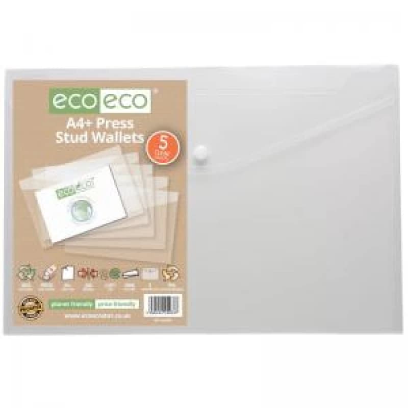 Eco Eco 95% Recycled Press Stud Wallets A4+ Clear (5 Pack) eco033-S
