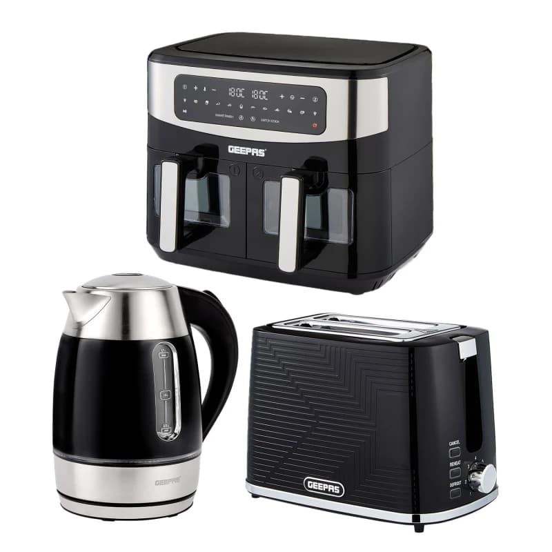 Geepas 1.7L Illuminating Electric Kettle 2 Slice Bread Toaster & 9L Dual Zone Air Fryer Kitchen Combo Set in Black Unisex