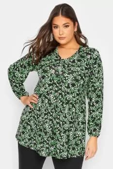 Floral Print Balloon Sleeve Pleat Top