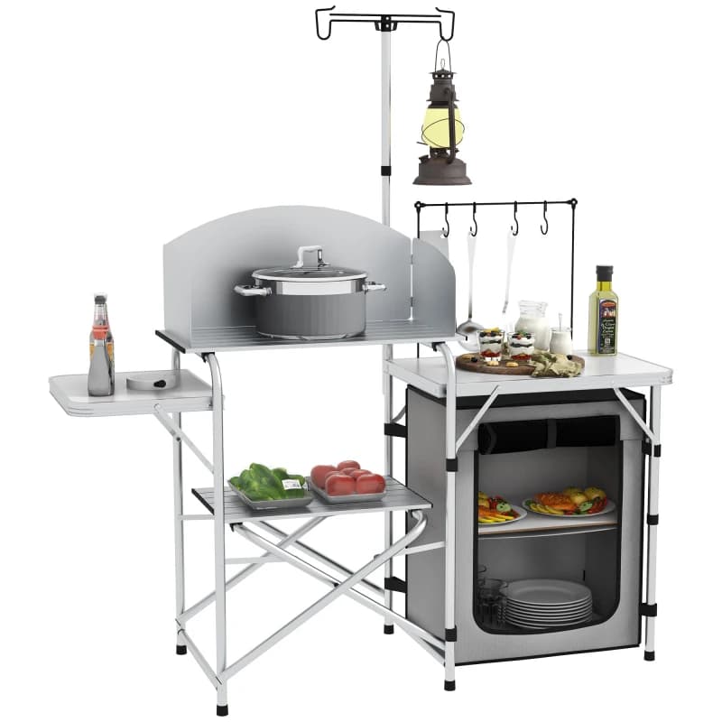 Outsunny Folding Camping Kitchen with Windshield Portable Camping Cupboard for BBQ Silver Silver