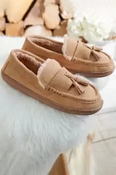 Suede Fur Lined Moccasin Slippers