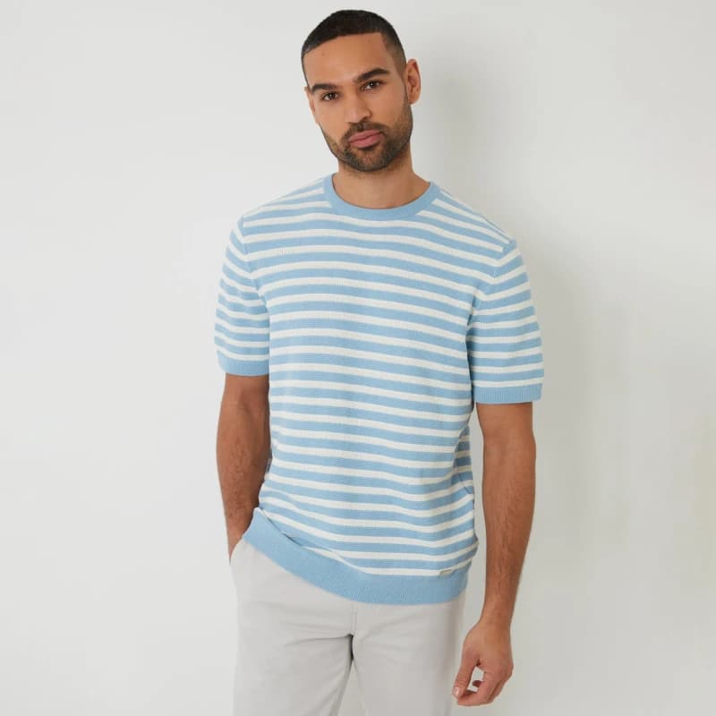 Threadbare Striped Textured Knitted T-Shirt Pale Blue