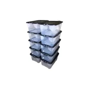 10 x 42L Clear Storage Box with Black Lid, Stackable and Nestable Design Storage Solution