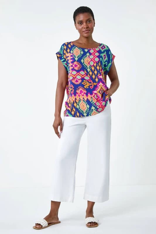 Roman Aztec Print Short Sleeve Top Blue