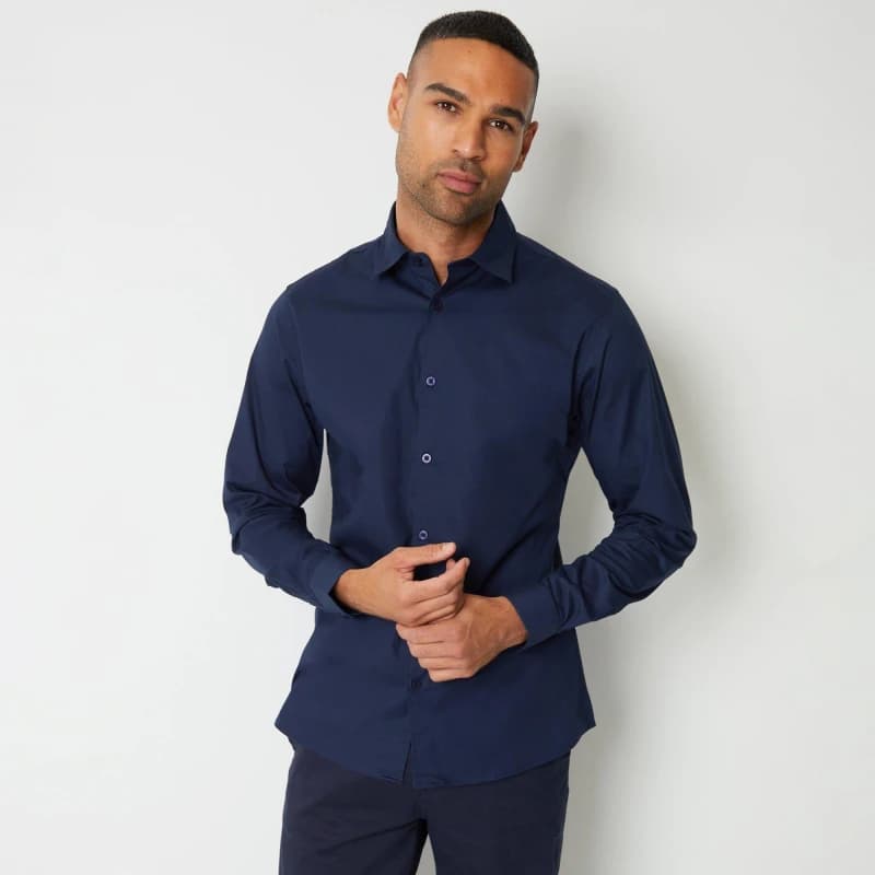 Threadbare 'Wymott' Cotton Long Sleeve Shirt With Stretch Navy