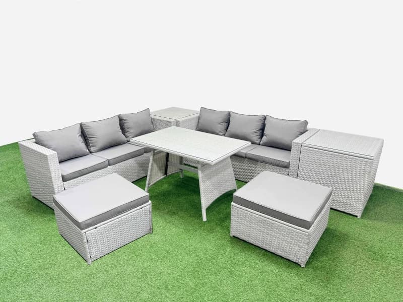 Fimous 8-Seater Patio Rectangular Table 3 Seater Sofa Set With 2 Side Tables 2 Big Stools Light Grey