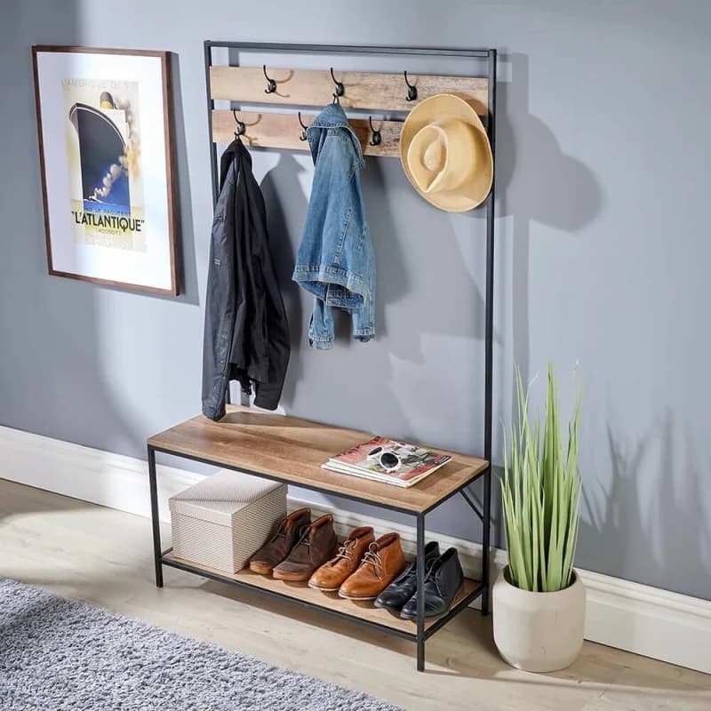 Home Source Oakmere Hallway Coat Hook Shoe Storage Bench Light Tan