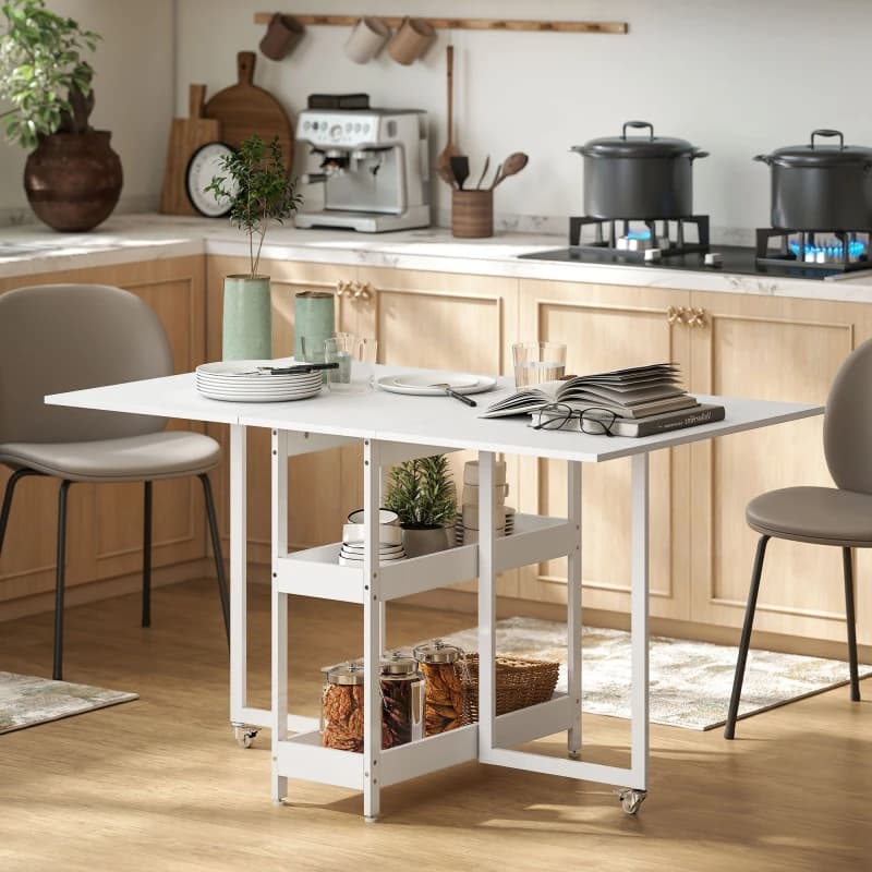 HOMCOM Folding Dining Table, Drop Leaf Table with Open Compartments, White 83A-296V00WT