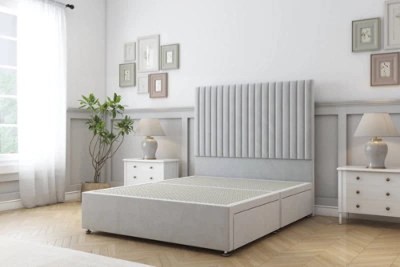 Sloomy Manhattan Silver Plush Divan Bed Base 2 Drawers Same Side With 26" Strutted Headboard 4' Small Double