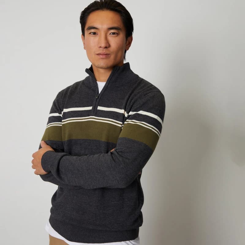 Threadbare 'Bradley' Stripe Quarter Zip Knitted Jumper Charcoal