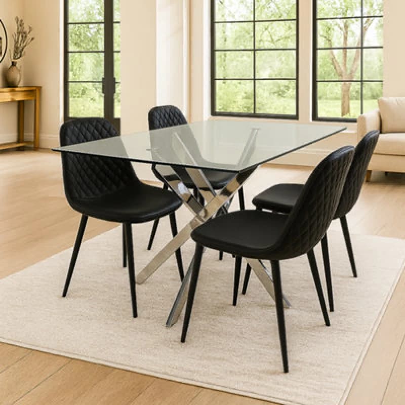 KOSY KOALA Modern Rectangle Glass Dining Table With 4 Black Gem Pattern Chairs Black Unisex