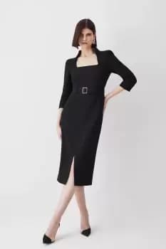 Structured Crepe Square Neck Split Front Midi Dress