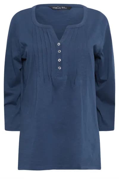 M&Co Henley Pleated Top Mid Navy
