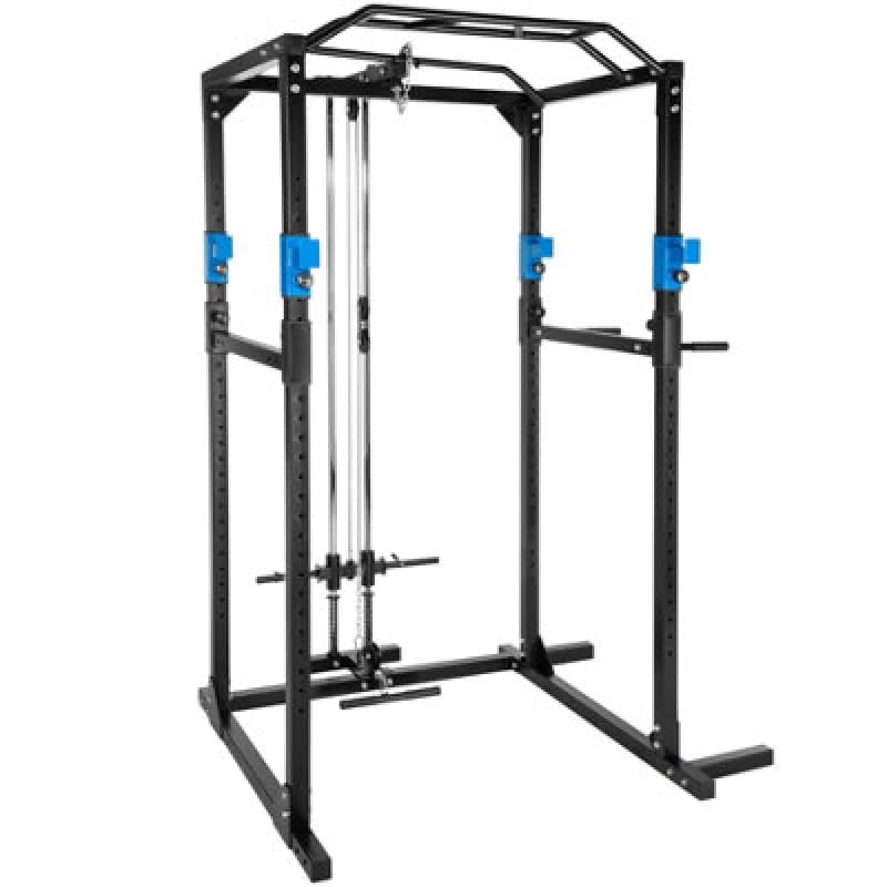 Tectake Multi-Gym - With Lat Pulldown Bar, Pull-Up Bar, Dip Station, Barbell Rack - Black/blue