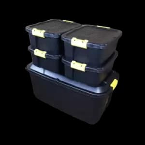 Image of 1 x 145L AND 4 x 24L Heavy Duty Trunks 1 on Wheels Sturdy, Lockable, Stackable and Nestable Design Storage Chest with Clips in Black