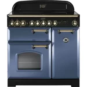 Image of Rangemaster Classic Deluxe CDL90ECSB/B 90cm Electric Range Cooker with Ceramic Hob - Stone Blue / Brass - A/A Rated