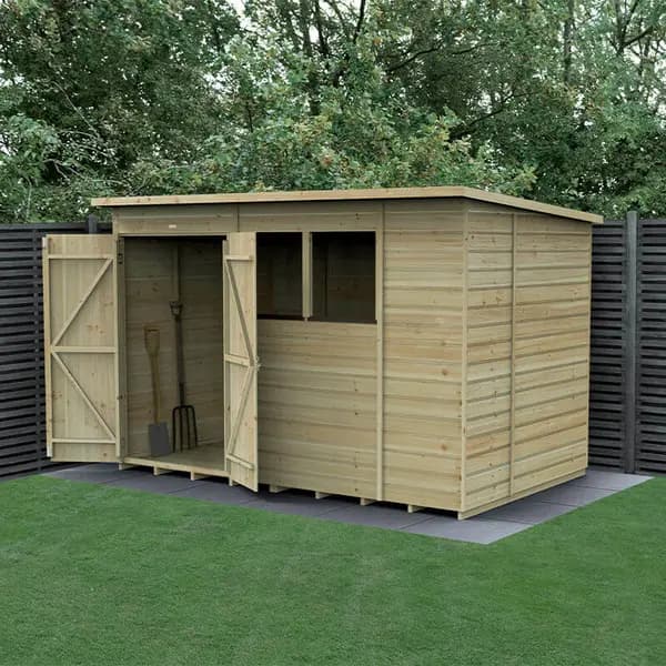 Image of 10' x 6' Forest Beckwood 25yr Guarantee Shiplap Pressure Treated Double Door Pent Wooden Shed (3.11m x 2.05m)
