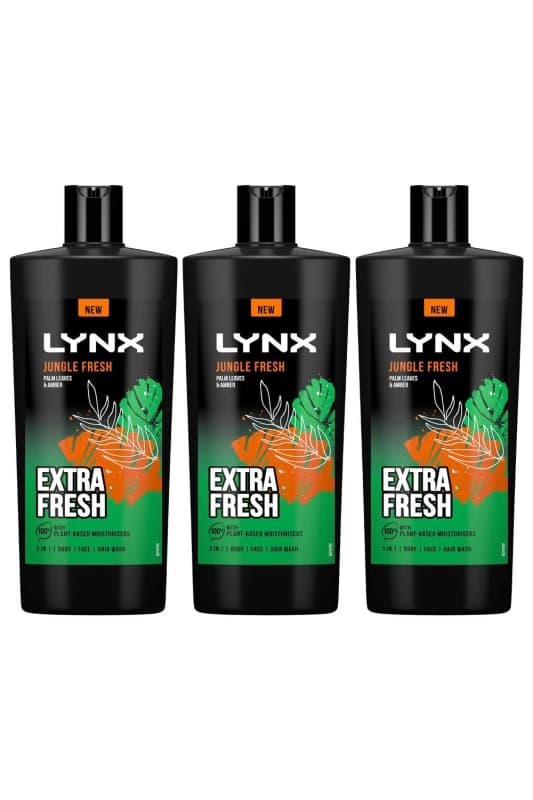 Image of Lynx 3in1 Body, Face & Hair Wash 'Shower Gel' 700ml 3pk Green male