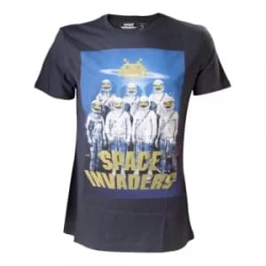 Image of SPACE INVADERS Alien Astronauts Mens Medium T-Shirt, Charcoal Small Dark Grey