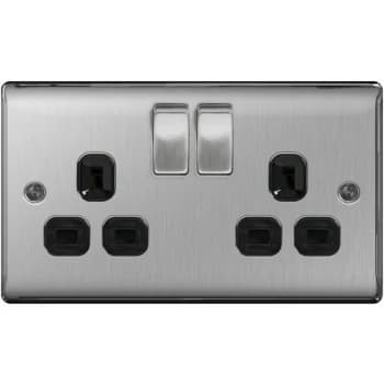 Image of 13a 2 Gang Switch Socket Brushed Steel With Black Inserts - NBS22B - BG